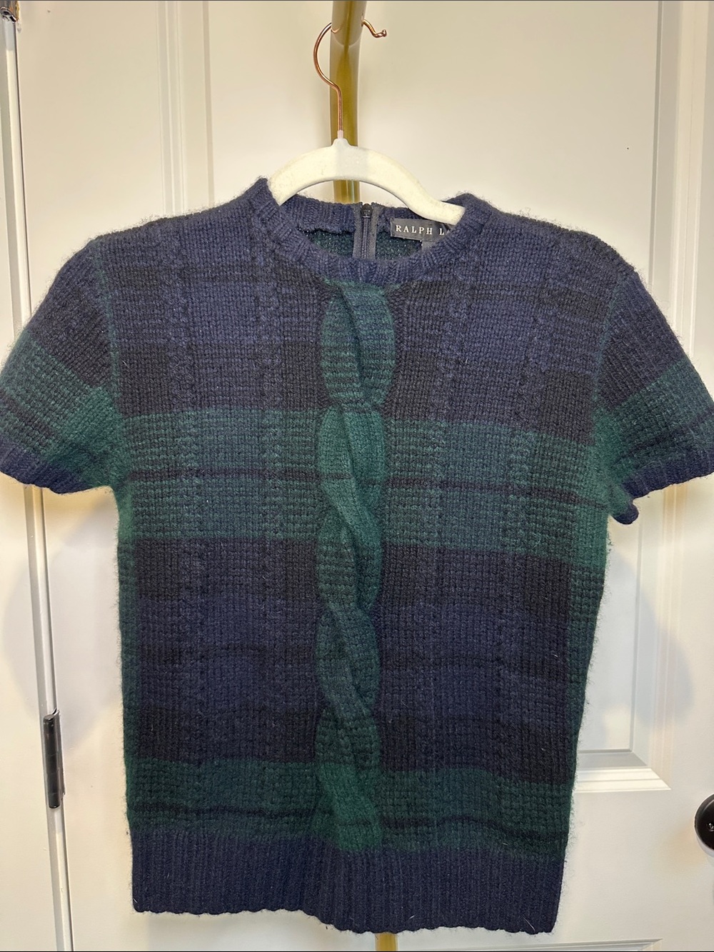 Ralph Lauren Navy & Green Plaid Cable-Knit Crewneck Sweater